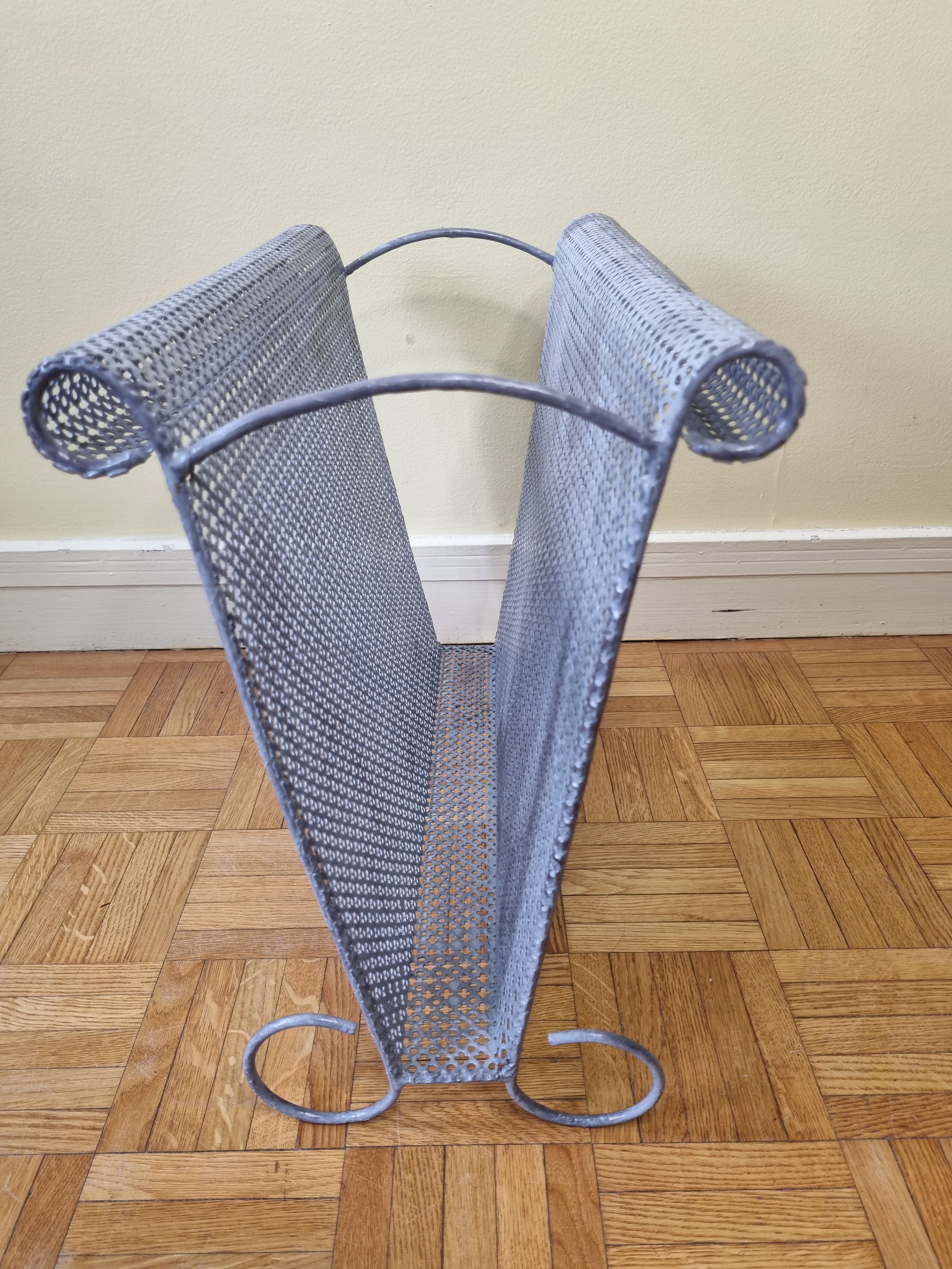 Vintage magazine holder in perforated metal, 39 cm
