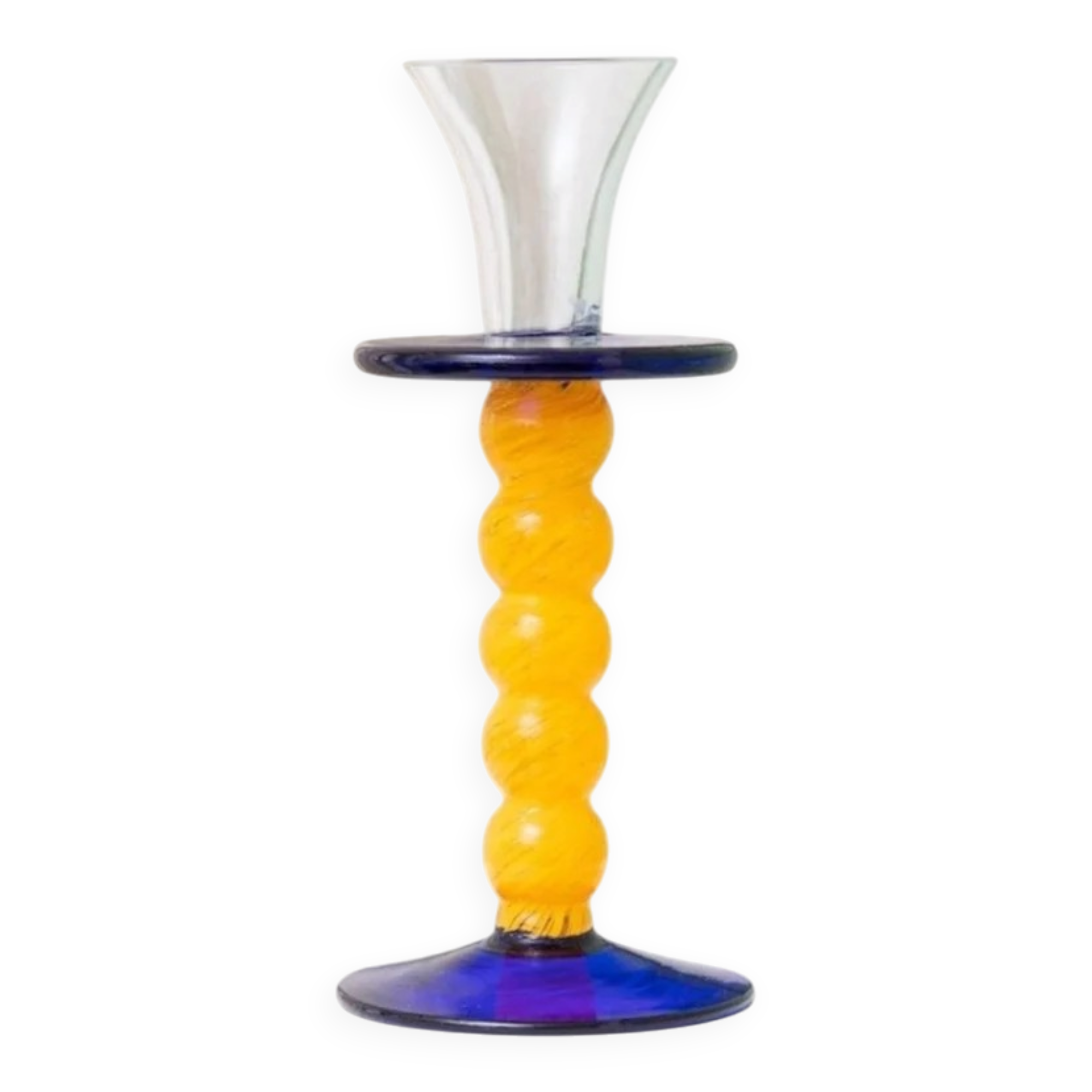 Murano Glass Candleholder - Postmodern Memphis Milano 1980s, Yellow Stem, Cobalt Base, Clear Cup
