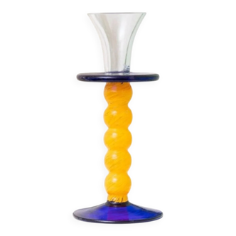 Murano Glass Candleholder - Postmodern Memphis Milano 1980s, Yellow Stem, Cobalt Base, Clear Cup