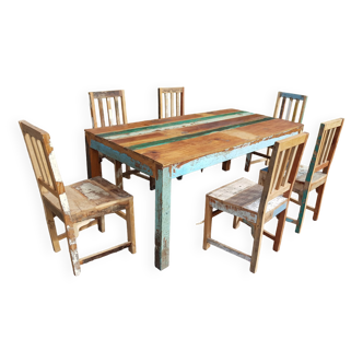 Polychrome teak table with 6 chairs