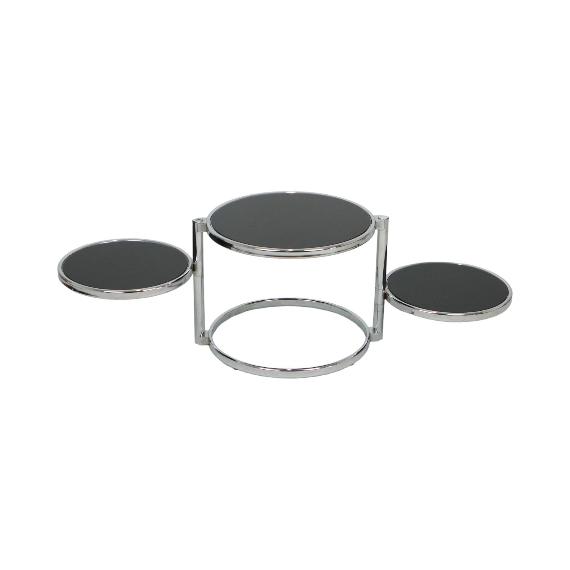 Round rotatable coffee table design black glass chrome 3 plateaus 1980s