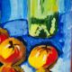 Peinture nature morte vintage encadrée - Bouteilles & Pommes