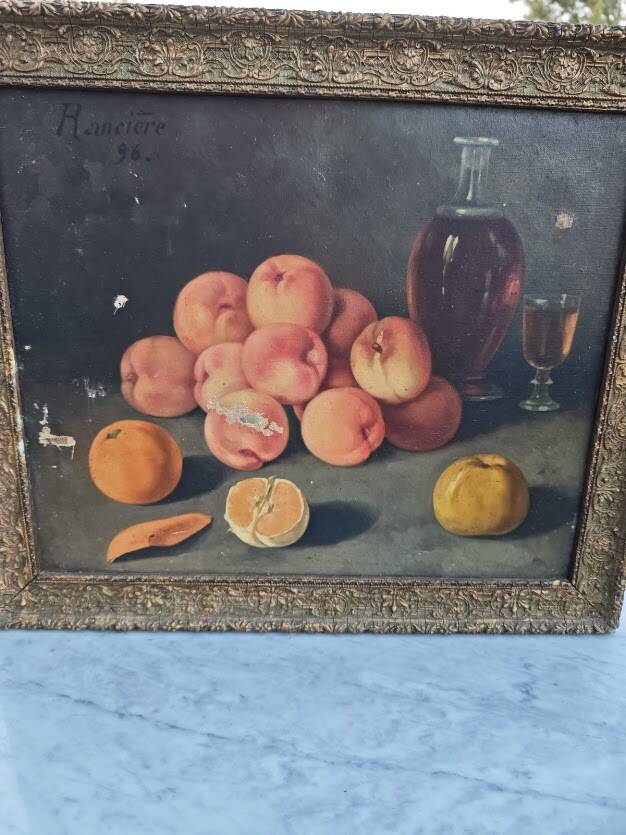 Still life on canvas by Rancière, depicting fruits and a carafe 1896.