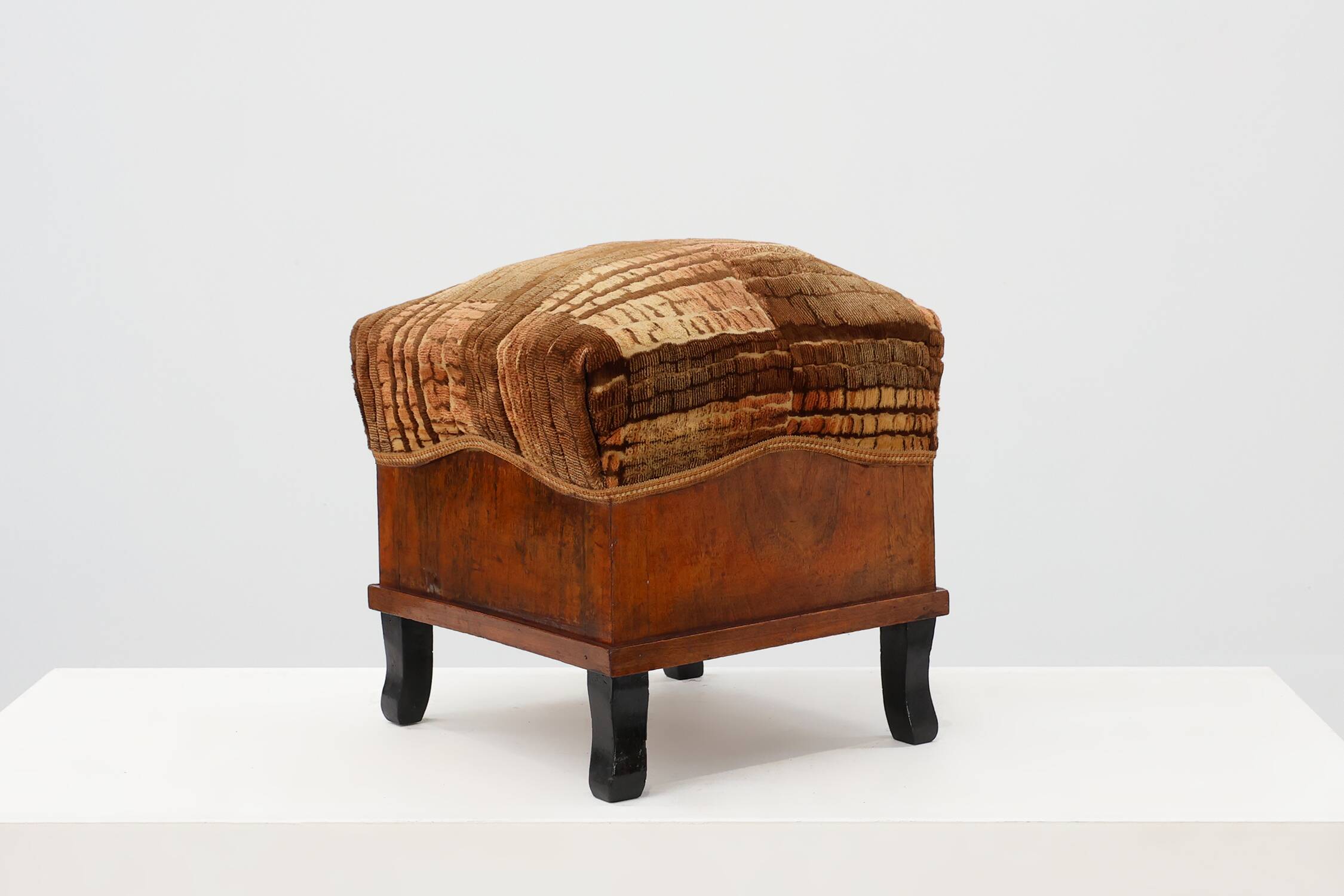 Art Deco walnut stool with original velvet upholstery, Italy 1920s