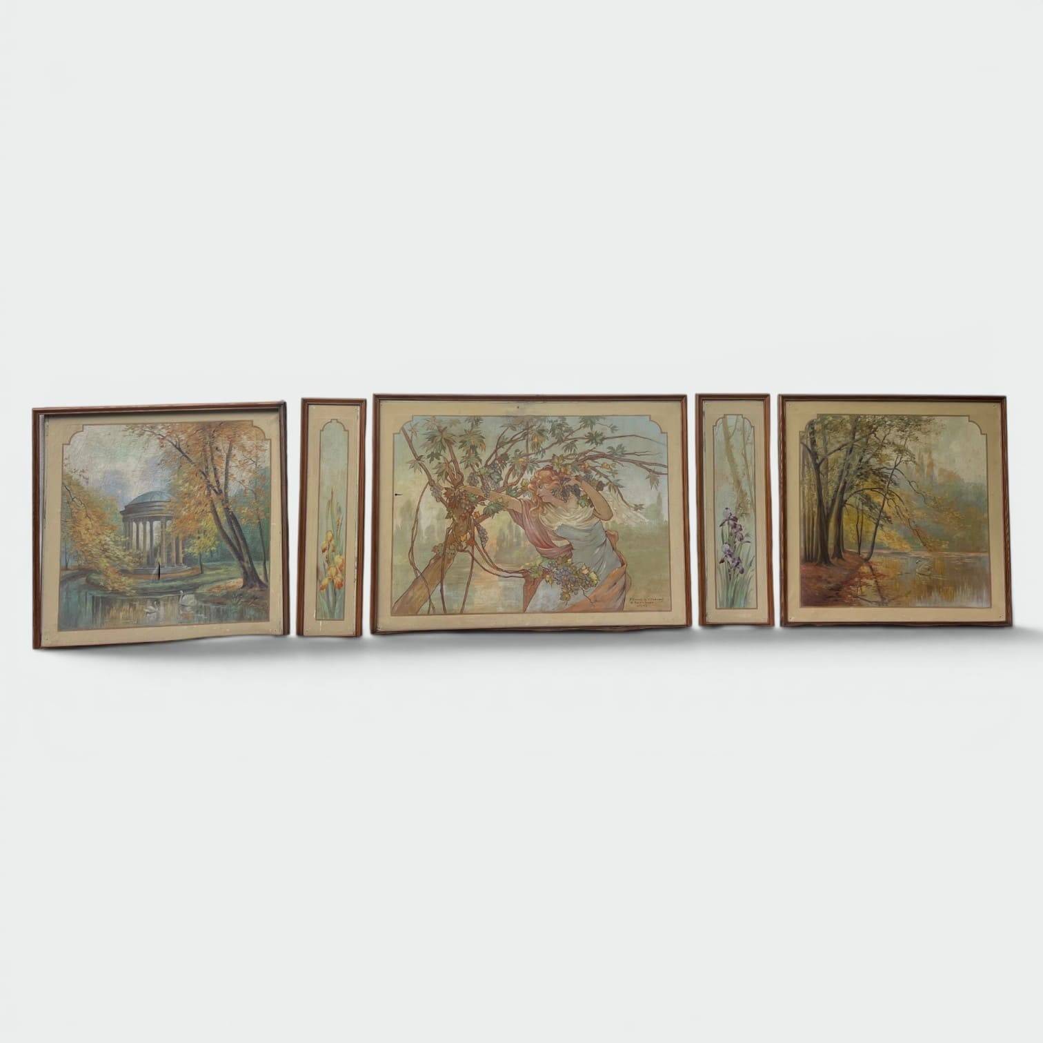 Set of Five Art Nouveau Decorative Panels. Allegory. French Work.
