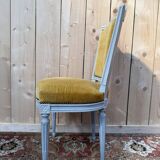 Set of 6 Louis XVI style chairs with polished wood and velvet.