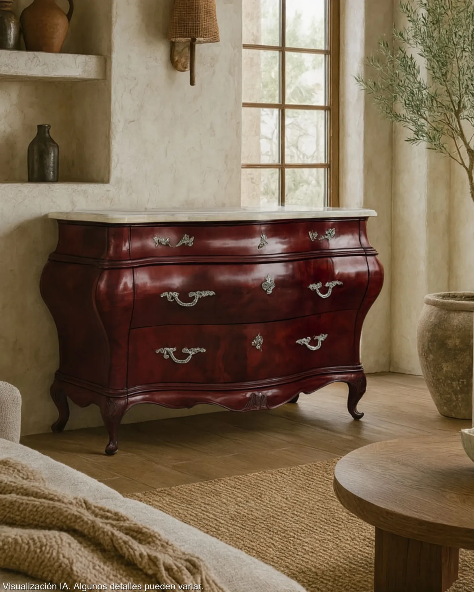 Commode galbée de style Louis XV en ronce d'acajou, dessus de marbre