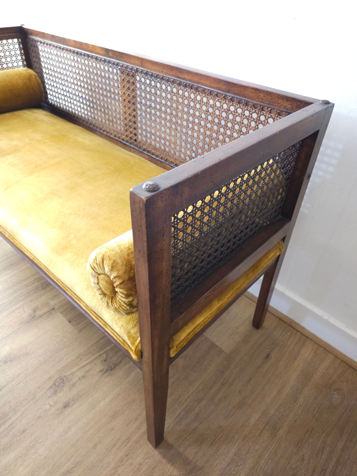 Vintage bench in cane and mustard yellow velvet