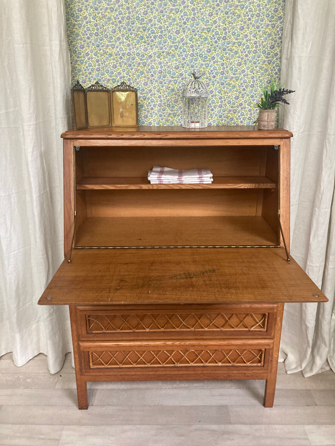 Vintage secretary in wood and rattan