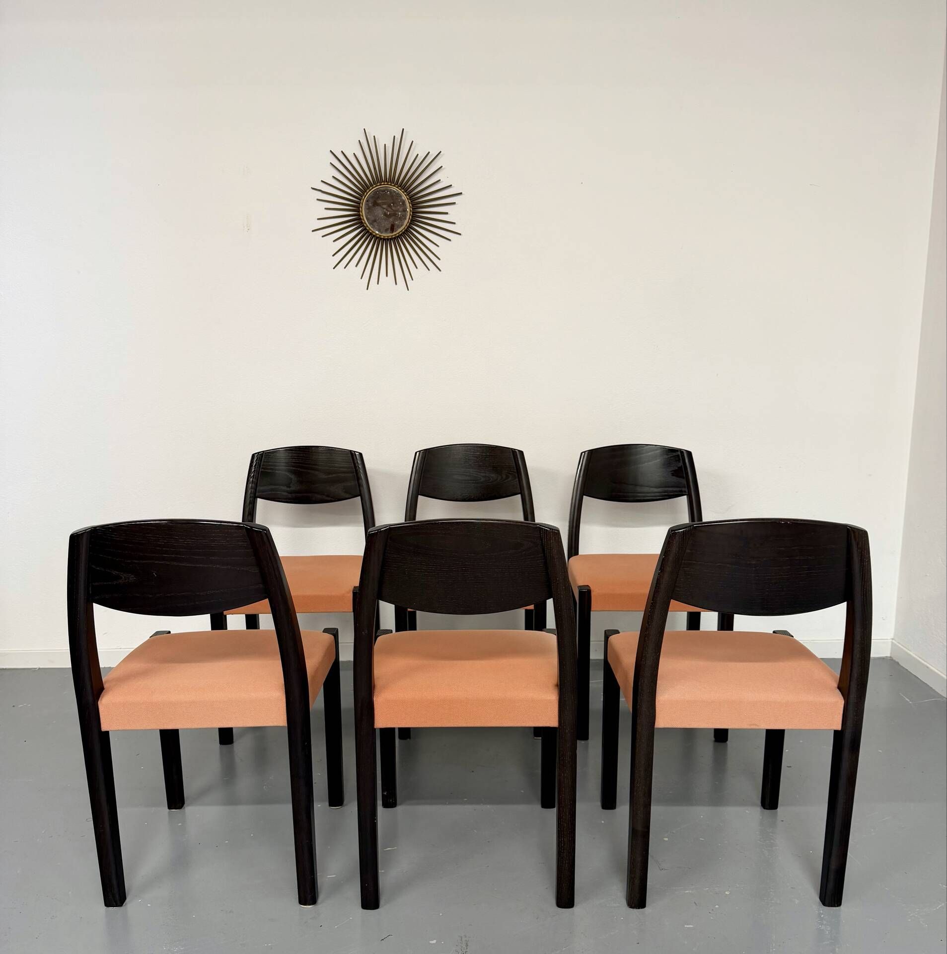 Lot of 6 blackened wooden chairs with French design fabric from the 1970s Self.