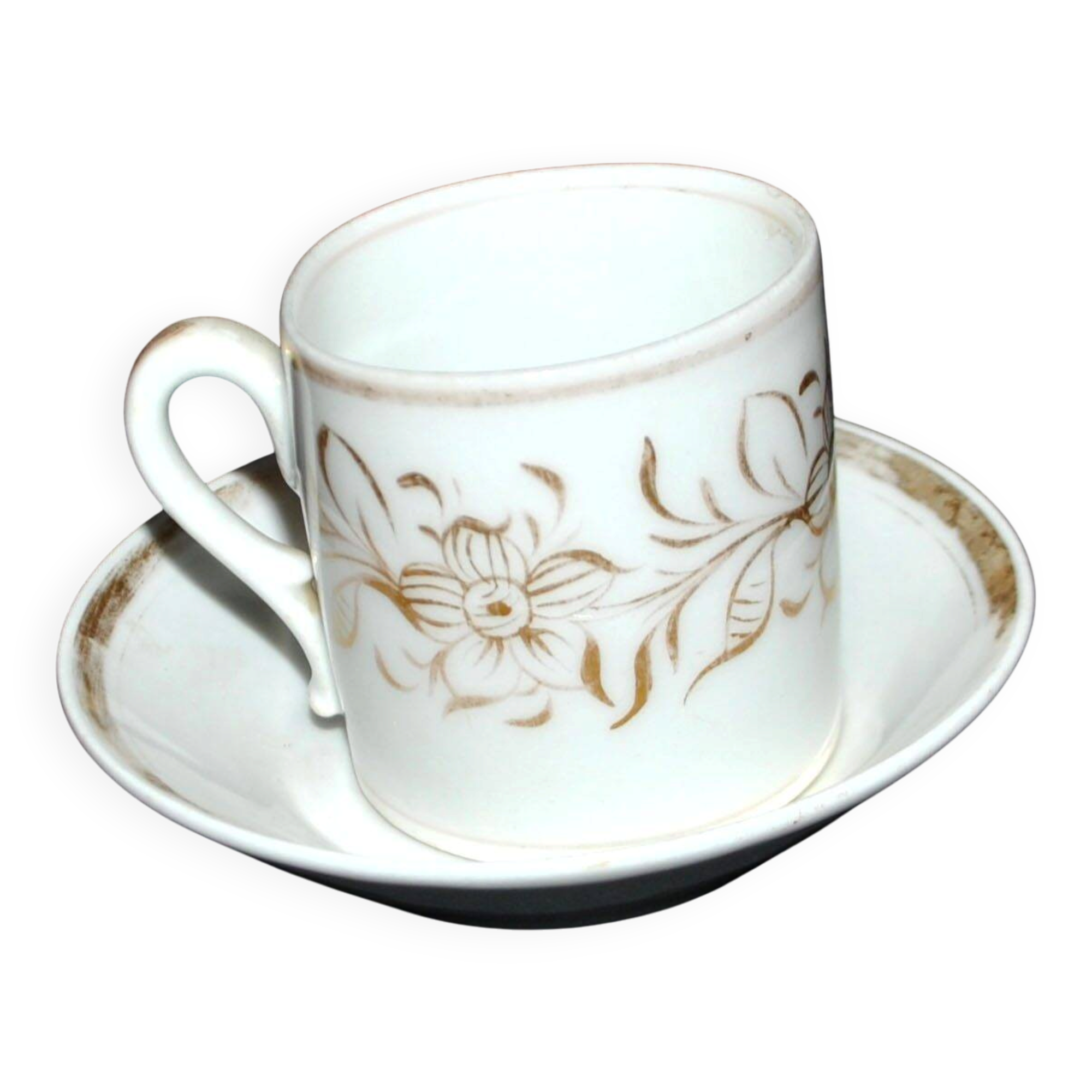 Paris porcelain coffee cup with floral design, antique porcelain with gold trim.