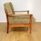 Wooden vintage brown armchair, olive green, long pile on removable cushions
