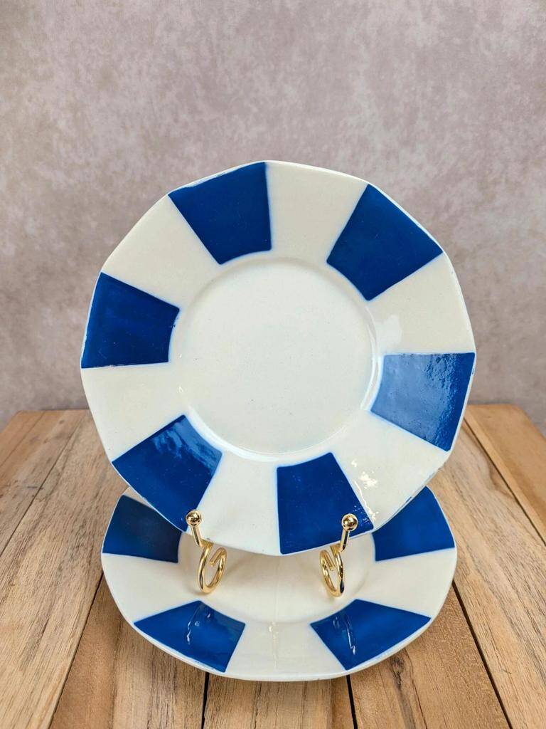 Set of 2 antique ironstone saucers from Badonviller – Cobalt blue Art Deco