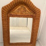 Wicker rattan mirror and carved insert 60s, 75x53 cm