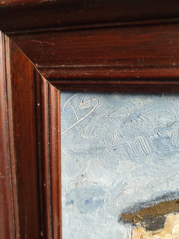 Peinture à l'huile ancienne française, signée B, église de Roquefort de Landes