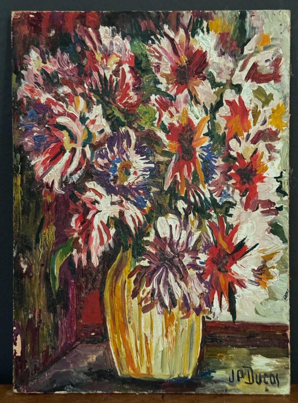 Oil on cardboard by J.-P. Ducos still life 1960 bouquet of flowers