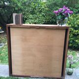 Low cupboard / curtain 1950 vintage blond oak buffet