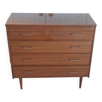 varnished wood chest of drawers - vintage - 4 drawers - varnished teak color - straight legs - 80s