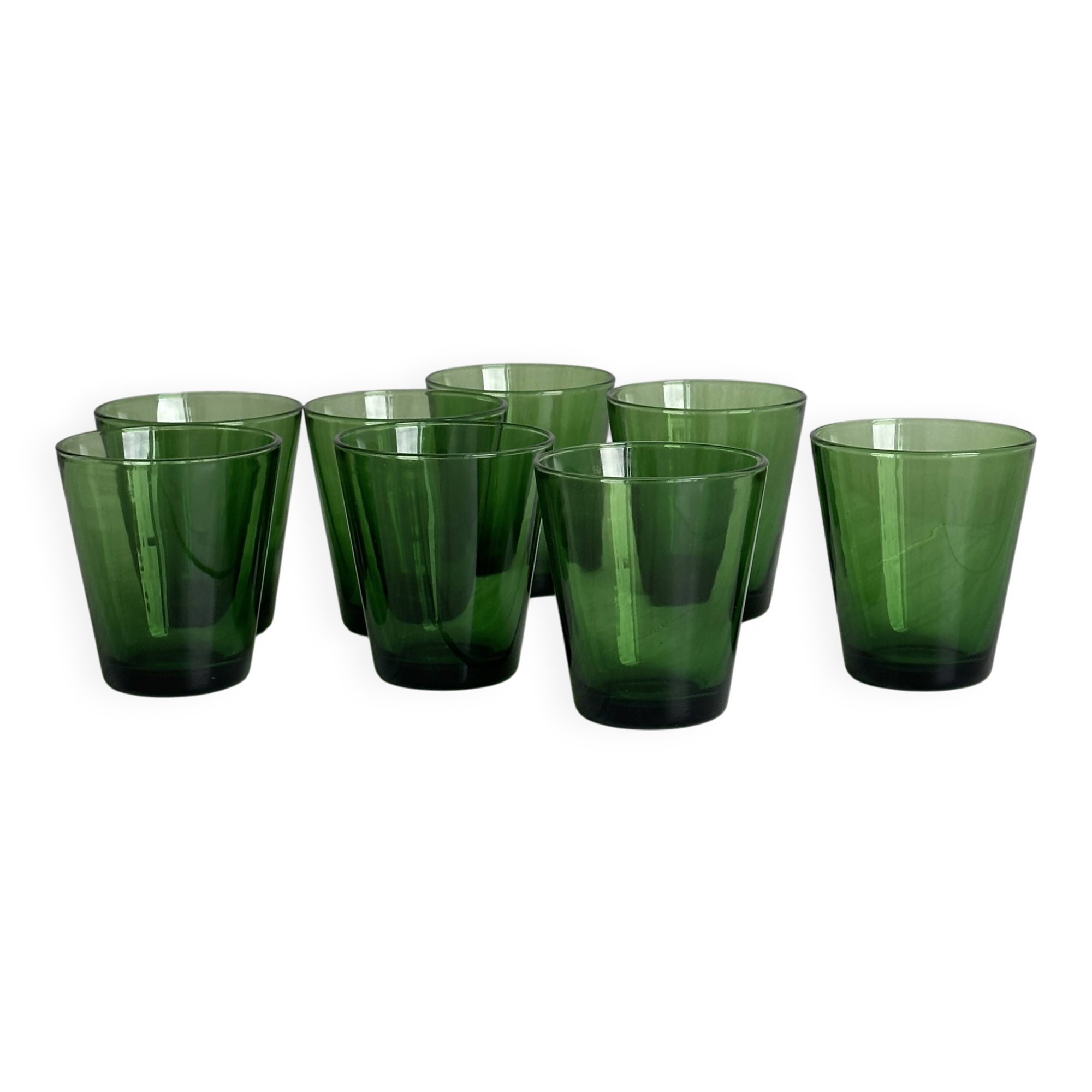 Set of 8 green water glasses, translucent thick glass