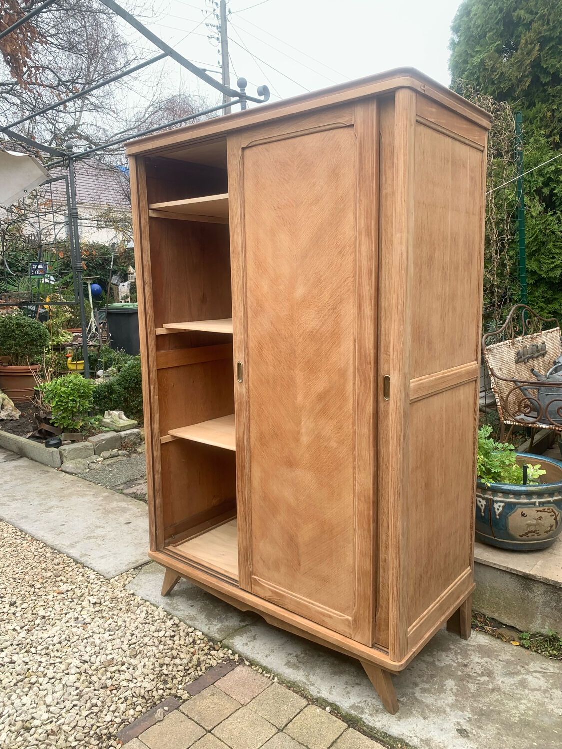 Vintage wardrobe with compass legs in raw wood, sliding doors, 1960s