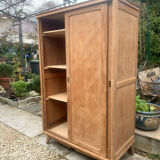 Vintage wardrobe with compass legs in raw wood, sliding doors, 1960s