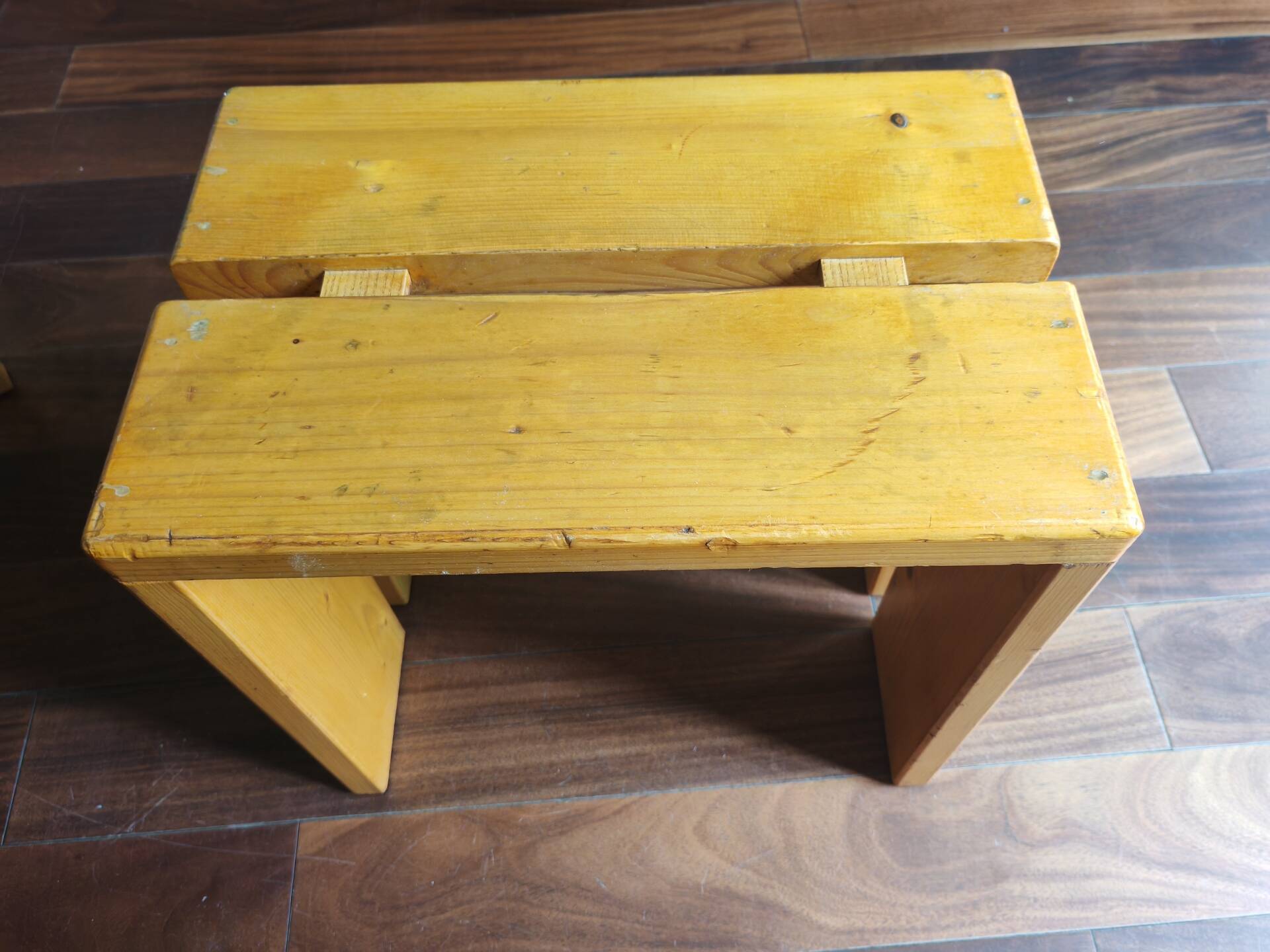 1 solid pine stool by Charlotte Perriand, Les Arcs, France.