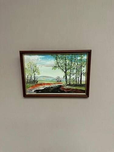 Mid-Century Oil on Panel “Water Canal” by He 84, Signed & Framed 33x23 cm
