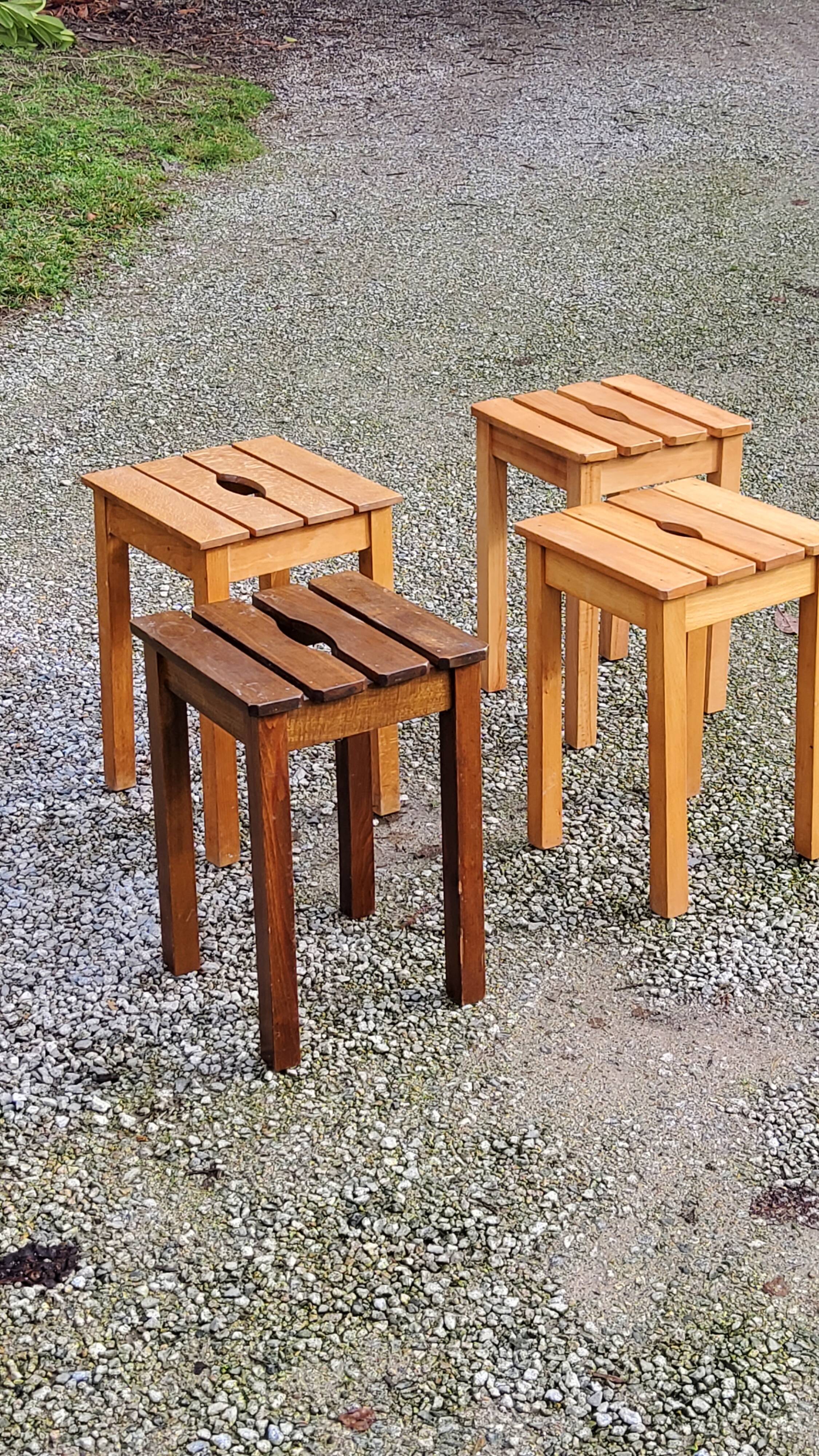 Set of 4 vintage stools in solid beech with slats