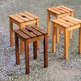 Set of 4 vintage stools in solid beech with slats