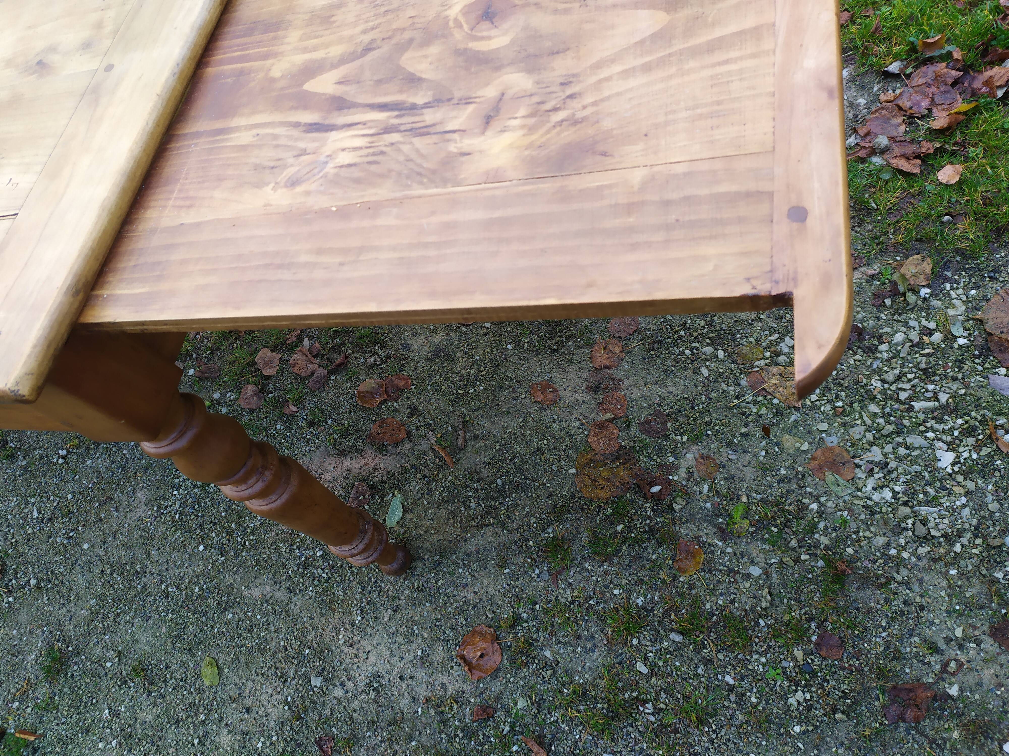 Cherry farm table, turned legs, 2 extensions