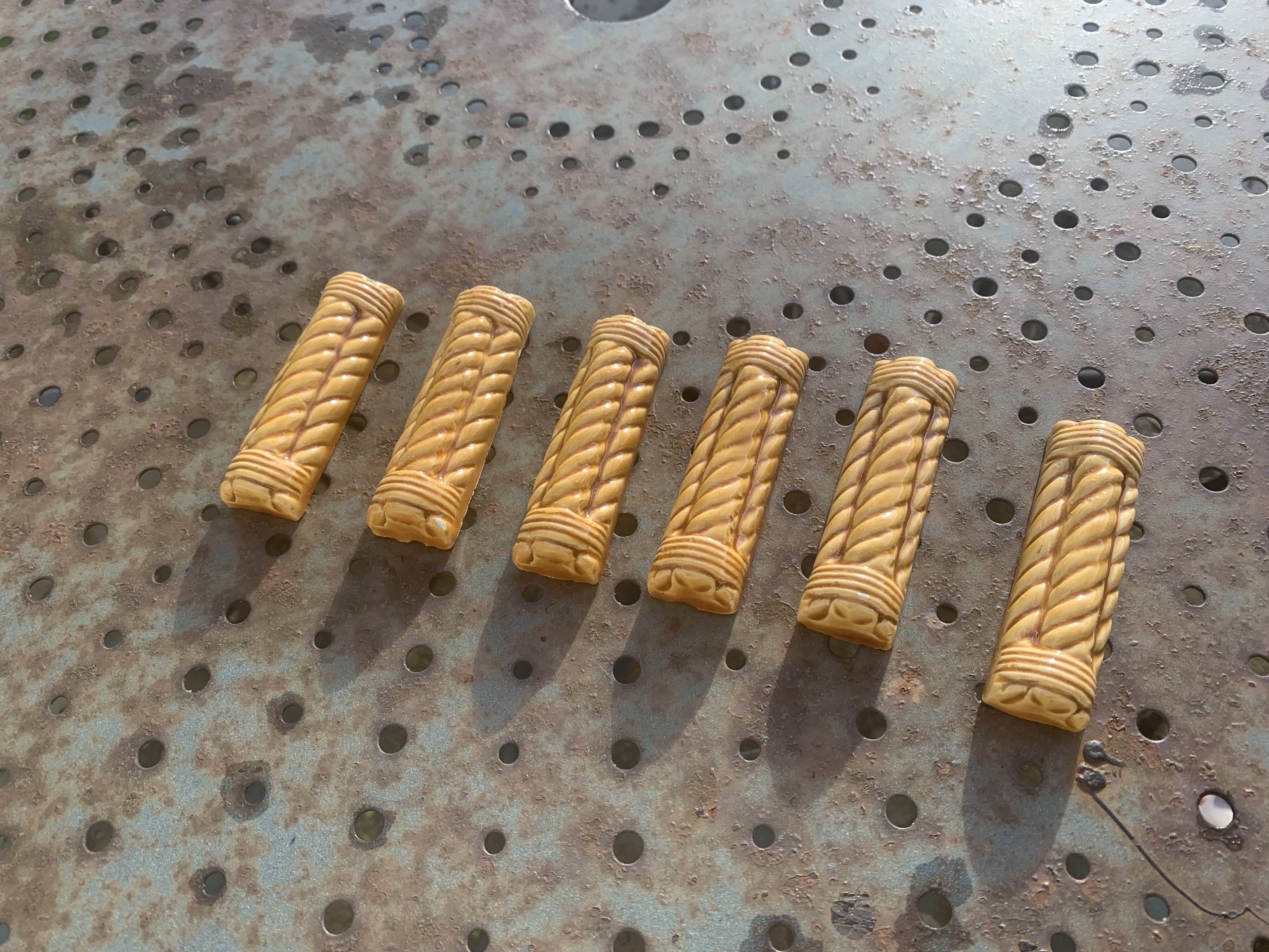 6 enameled ceramic knife holders, slip, vintage golden yellow