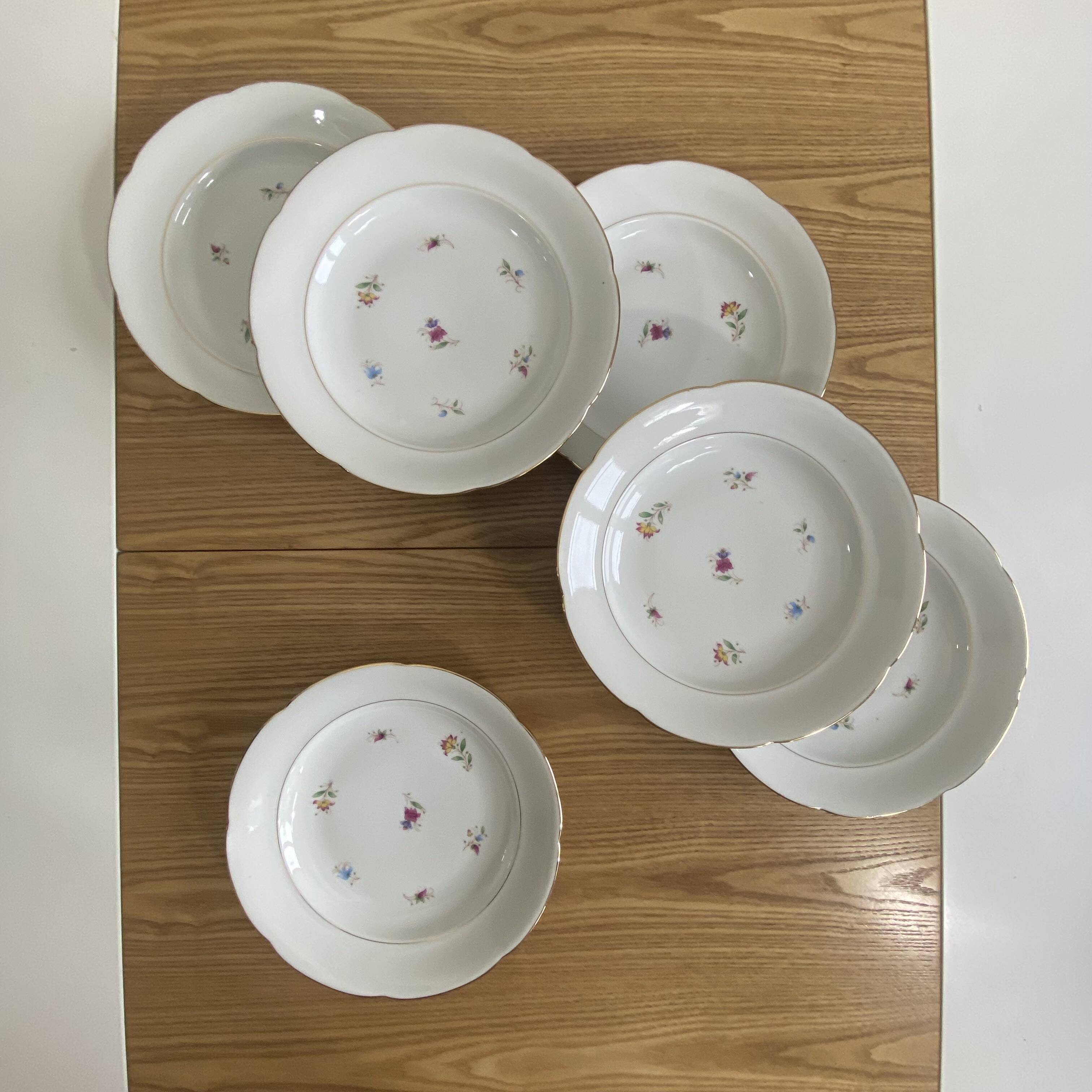 6 deep plates, antique porcelain with flowers and gilding, P L Limoges.