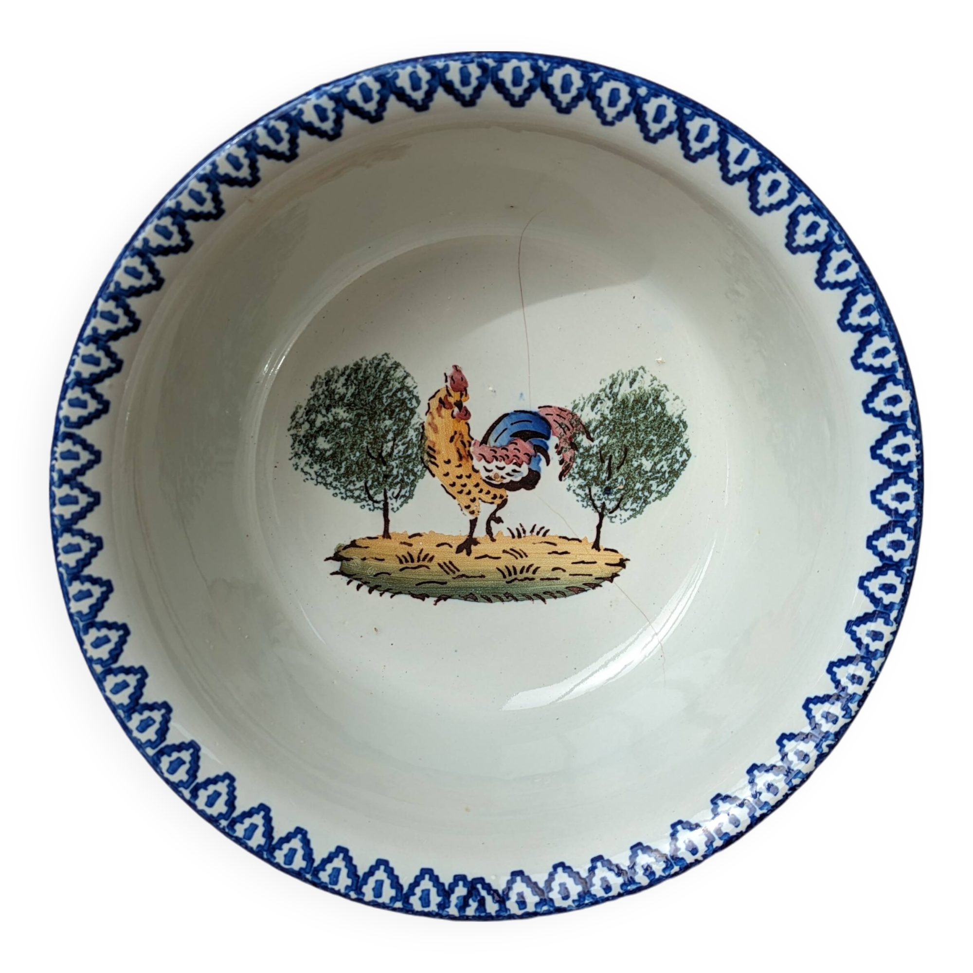 Old hollow serving dish with Saint Clément rooster motif France