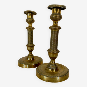 Pair of Louis XVI style candlesticks in chiseled and gilded bronze - XIXth century