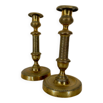 Pair of Louis XVI style candlesticks in chiseled and gilded bronze - XIXth century