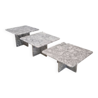 Ensemble de 3 tables basses ou d'appoint italiennes en marbre Bianco Carrara, 1980s