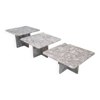 Set of 3 Italian Bianco Carrara Marble Coffee or Side Tables, 1980s