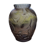 Art deco vase in pressed molded smoked glass signed Pierre d'Avesn