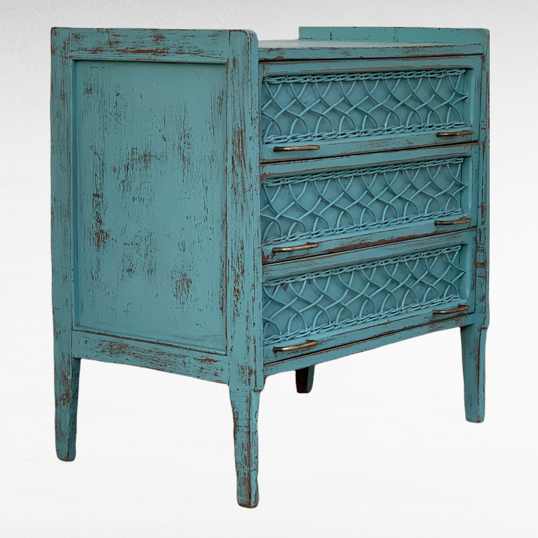 Vintage chest of drawers wood and rattan patina turquoise 1950