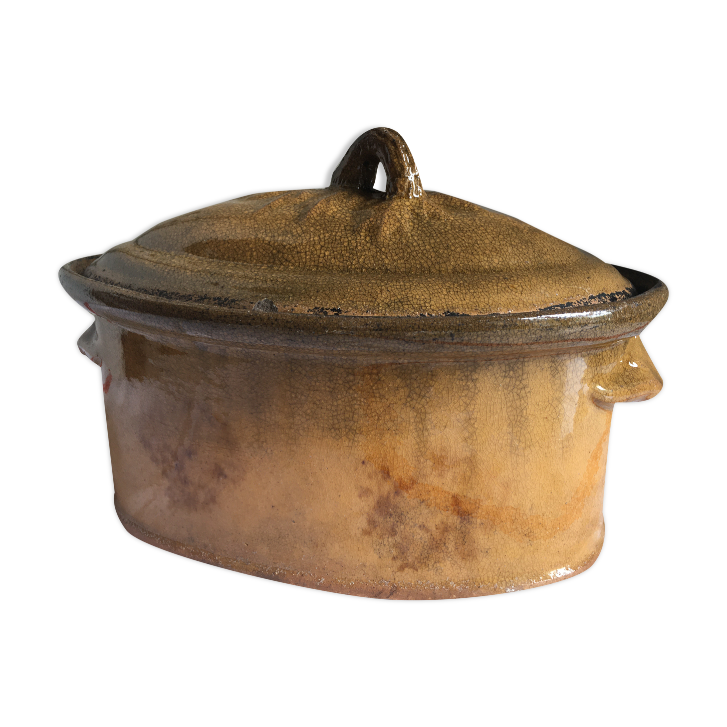 Terrine ancienne ovale en terre cuite émaillée Selency