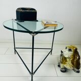Vintage round side table. Thick glass round coffee table. Robust industrial design table.