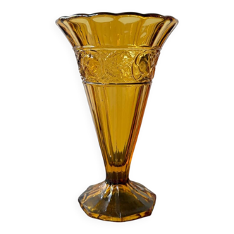 Vase art deco ambre en forme de coupe motifs roses