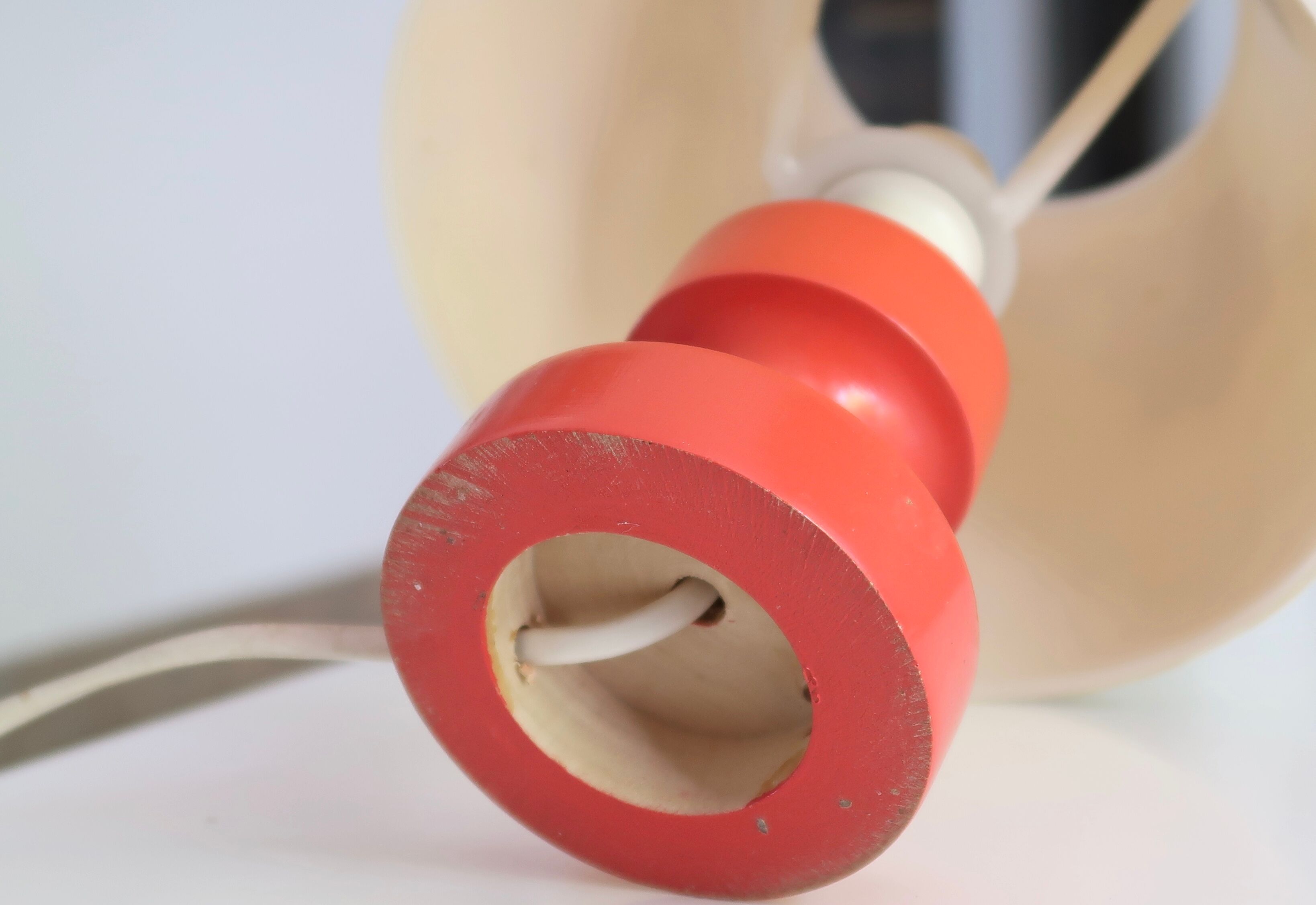 Red wooden lamp with herbarium-style lampshade from the 70s