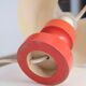Red wooden lamp with herbarium-style lampshade from the 70s