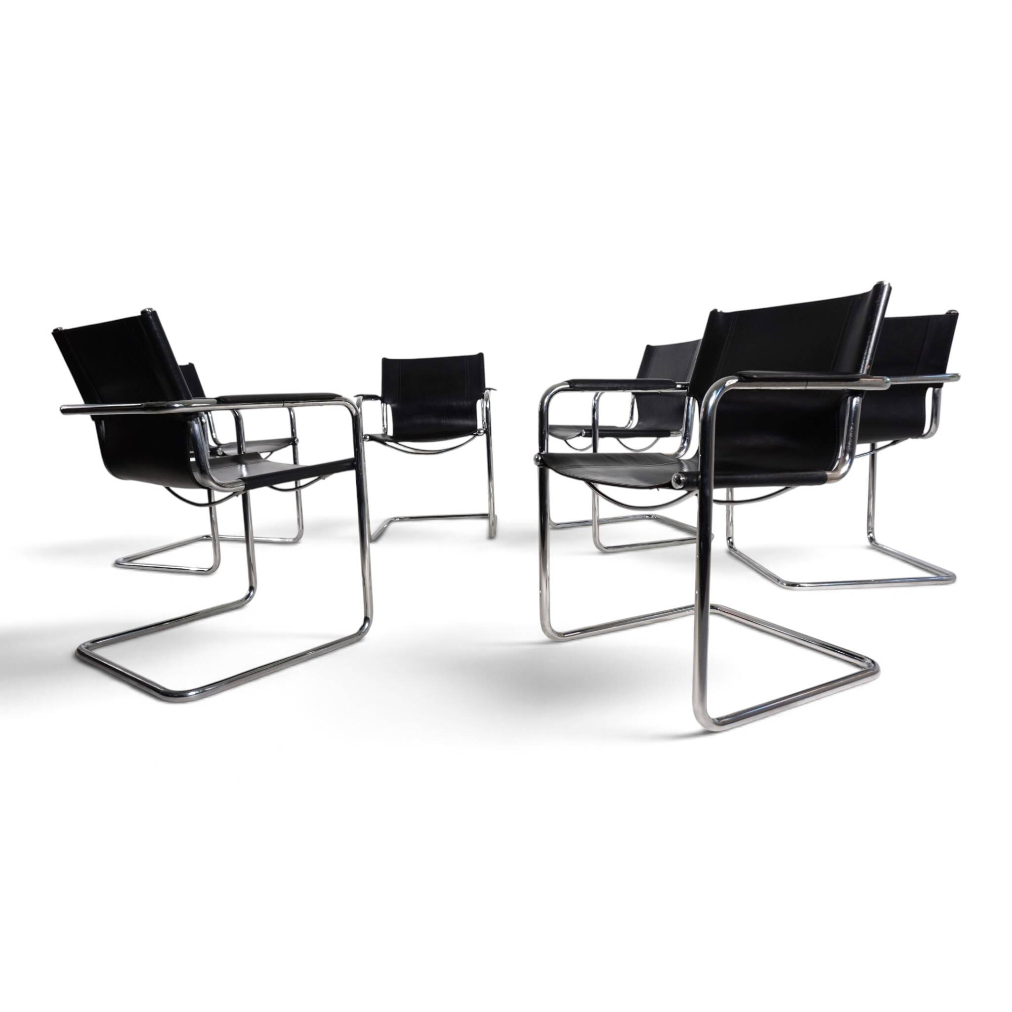 Matteo Grassi Set of 6 Visitor Chairs, Leather/Chrome Dining Chairs, 1970