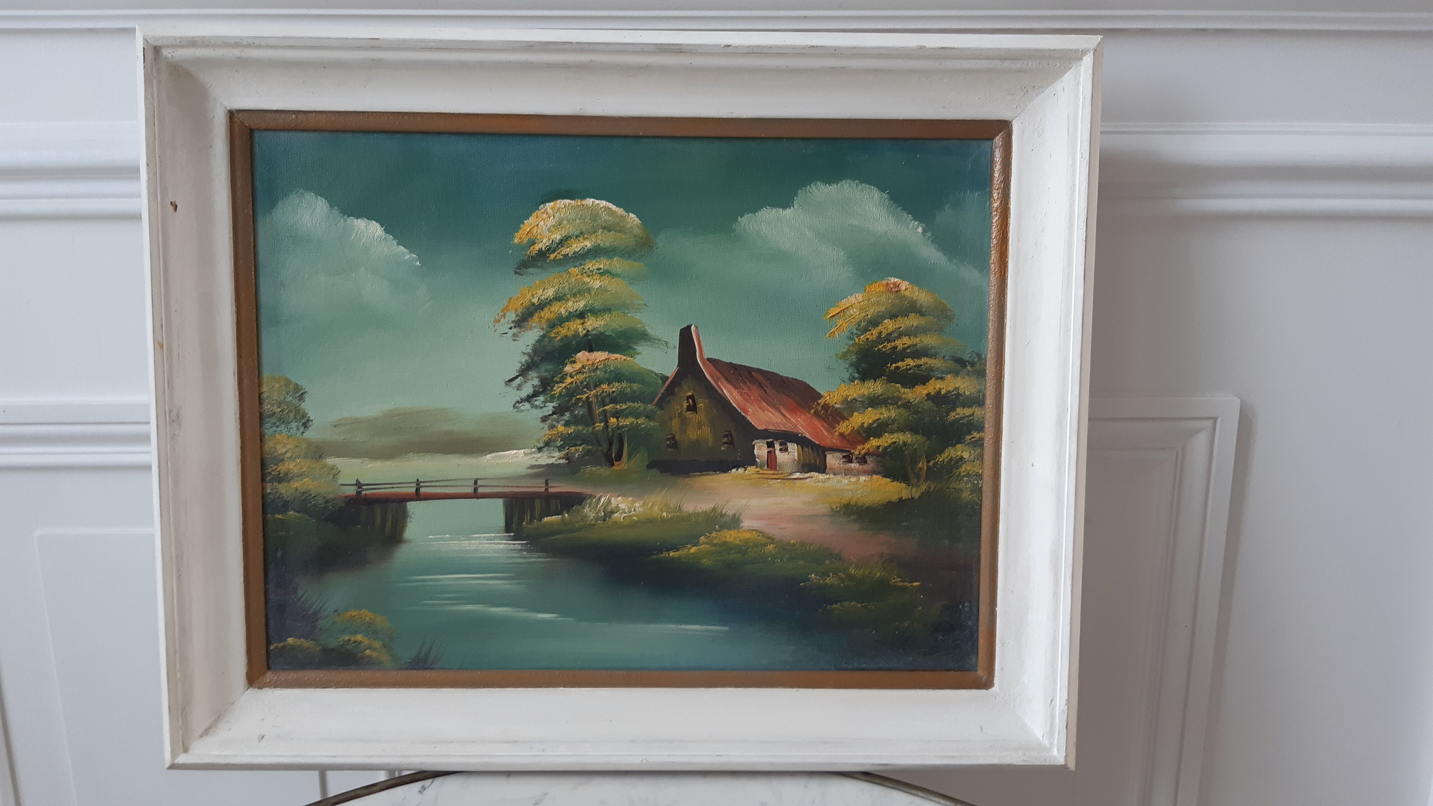 Vintage oil painting on canvas house and river