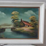 Vintage oil painting on canvas house and river