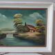 Tableau huile sur toile maison et rivière vintage