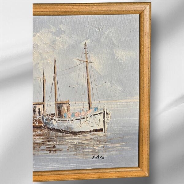 Peinture à l'huile encadrée originale signée ''Quai de pêche port