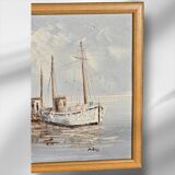 Peinture à l'huile encadrée originale signée "Quai de pêche port"